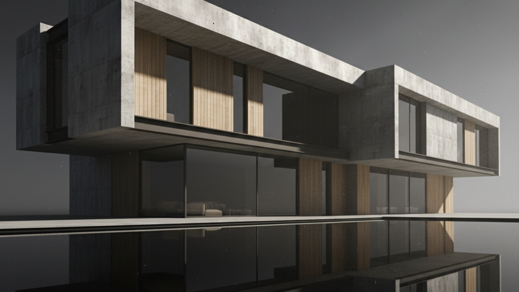Monumental concrete-and-glass residence emerging from darkness
