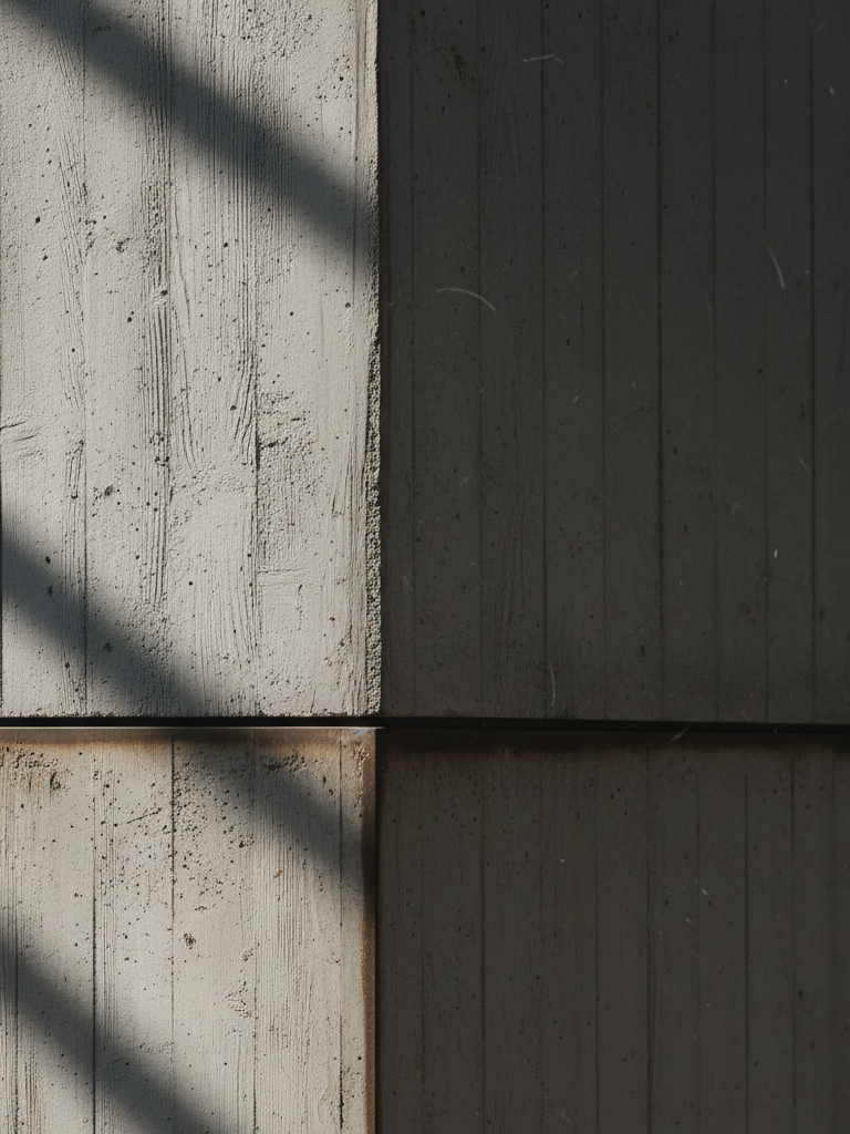 Board-formed concrete and blackened steel detail