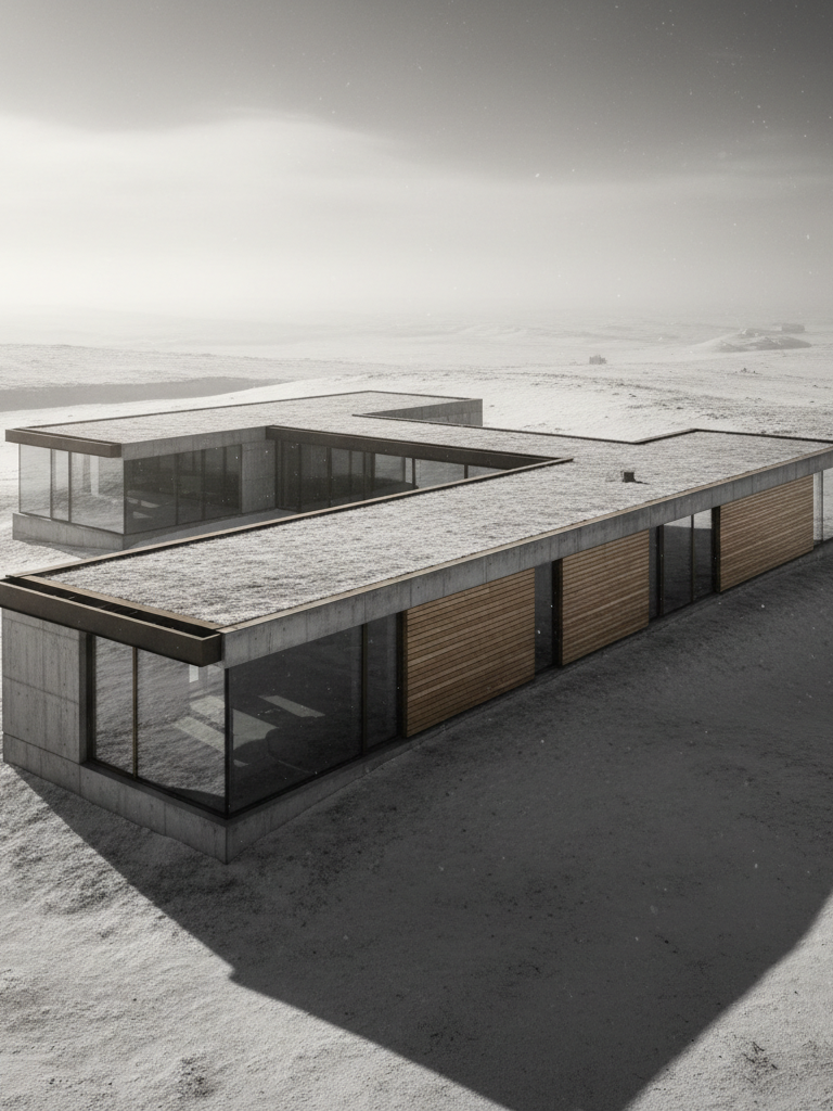 Aerial view of a private residence in a Nordic landscape
