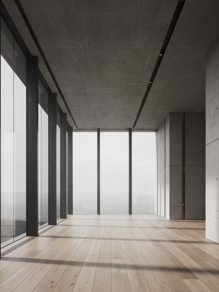 Interior with full-height glass and oak floor