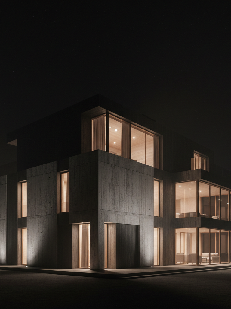 Night exterior with warm interior glow