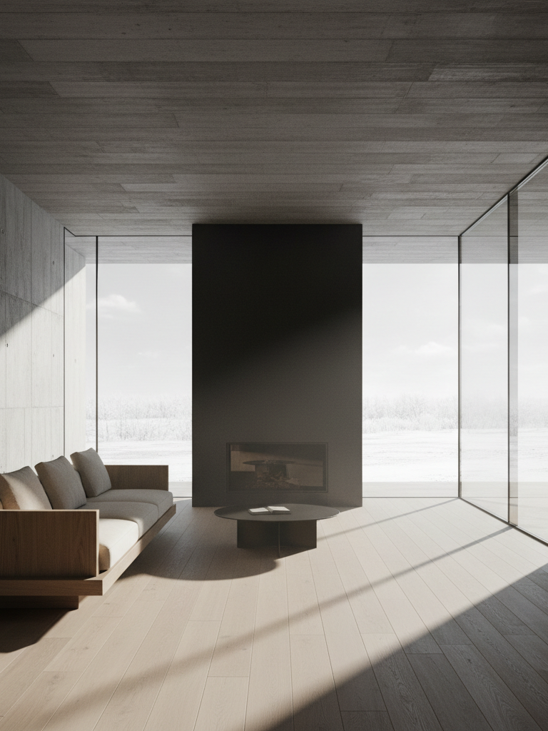 Concrete and oak interior with northern daylight