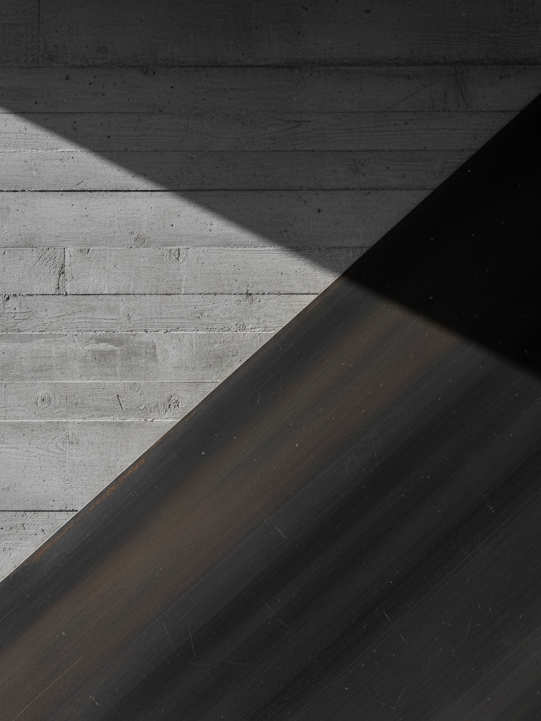 Blackened steel and bronze material study against concrete