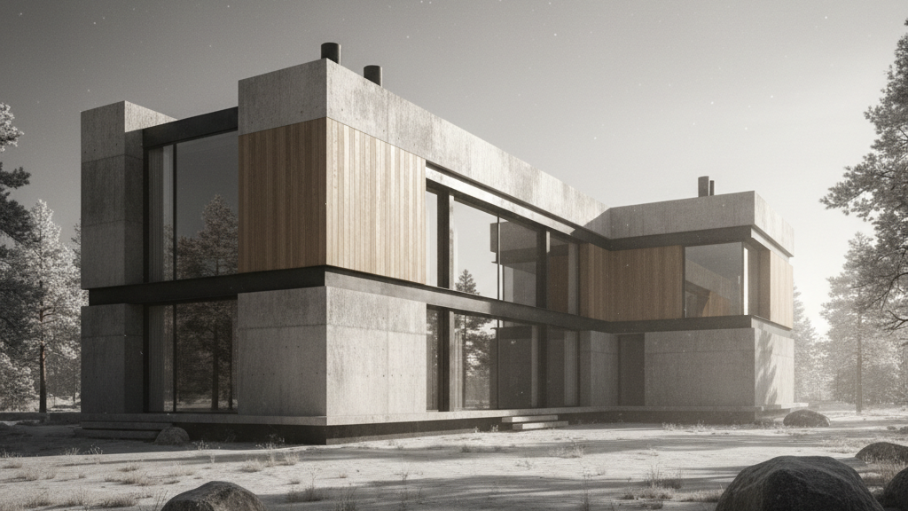 Monumental concrete residence resting in a quiet Nordic landscape